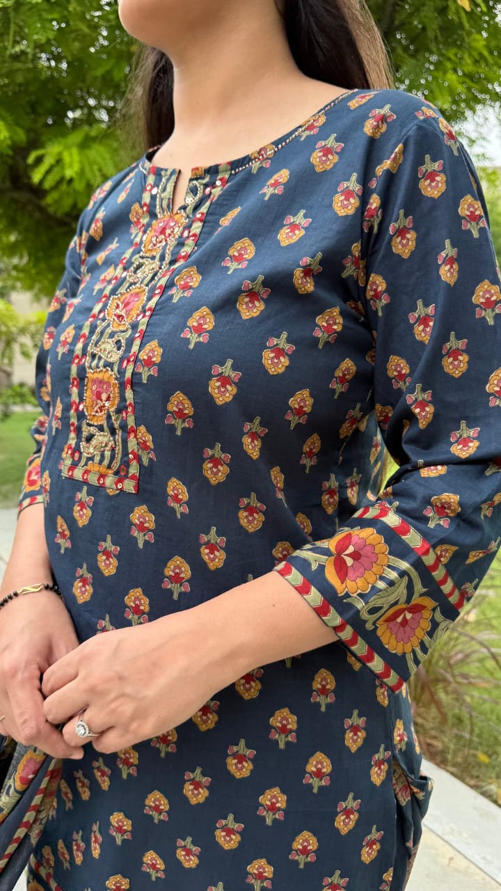 Navy Blue Printed Kurta Sharara Dupatta Set for Women