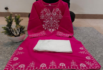Embroidered Pink Kurta with Ivory Wide-Leg Pants
