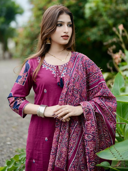 Magenta Printed Kurta Set with Traditional Ajrakh Dupatta