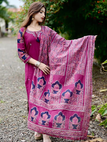 Magenta Printed Kurta Set with Traditional Ajrakh Dupatta