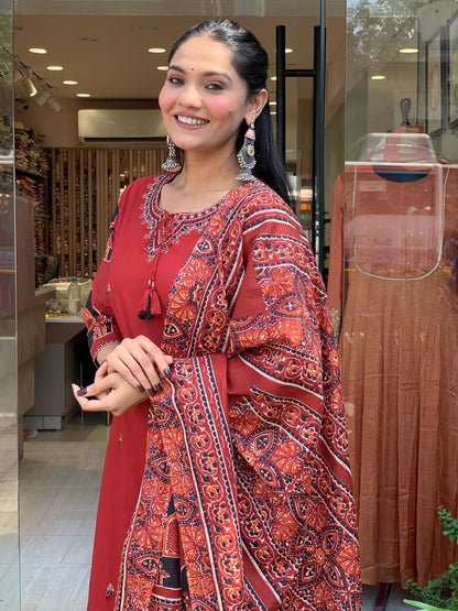Red Handcrafted Kurta Set with Traditional Printed Dupatta