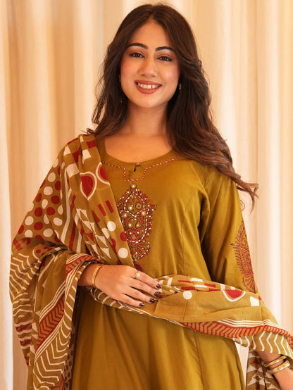 Mustard Yellow Kurta Set with Embroidered Yoke & Printed Dupatta