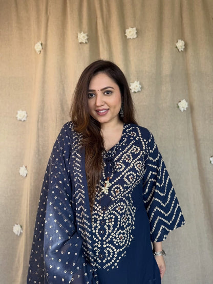 Navy Blue Bandhani Printed Kurta Set with Dupatta