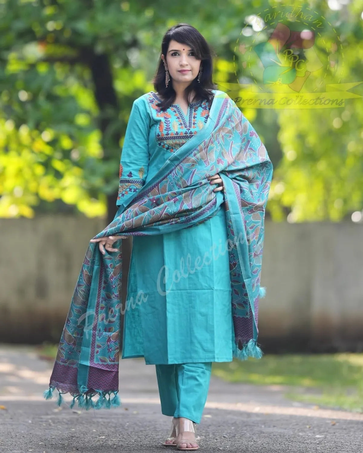Jaipuri Turquoise Blue Embroidered Cotton Suit Set with Printed Dupatta – Elegant Ethnic Wear for Women