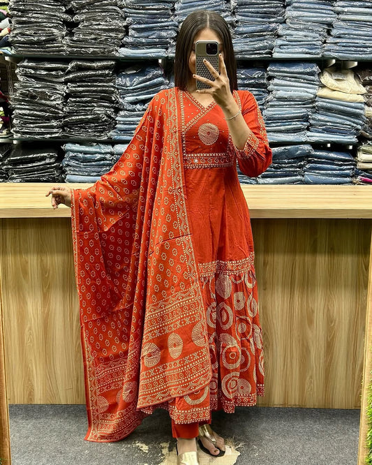 Orange V Neck Heavy Anarkali Kurti, Pant with Dupatta