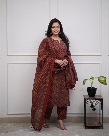 Elegant Maroon Printed Cotton Salwar Suit Set with Dupatta