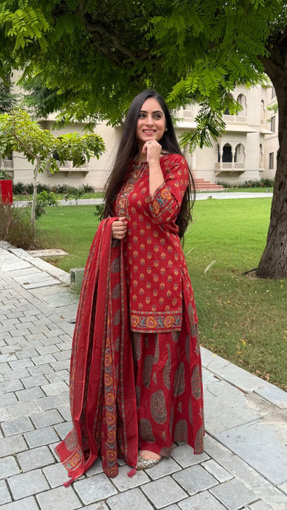 Red Printed Kurta Sharara Dupatta Set for Women