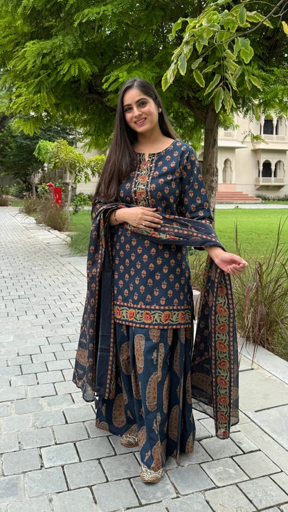 Navy Blue Printed Kurta Sharara Dupatta Set for Women