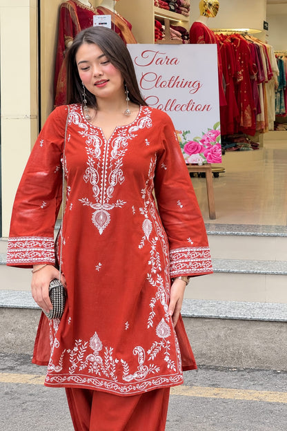 Rust Orange Embroidered Kurta Patiala Salwar Set for Women