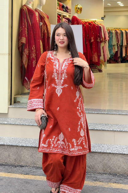 Rust Orange Embroidered Kurta Patiala Salwar Set for Women