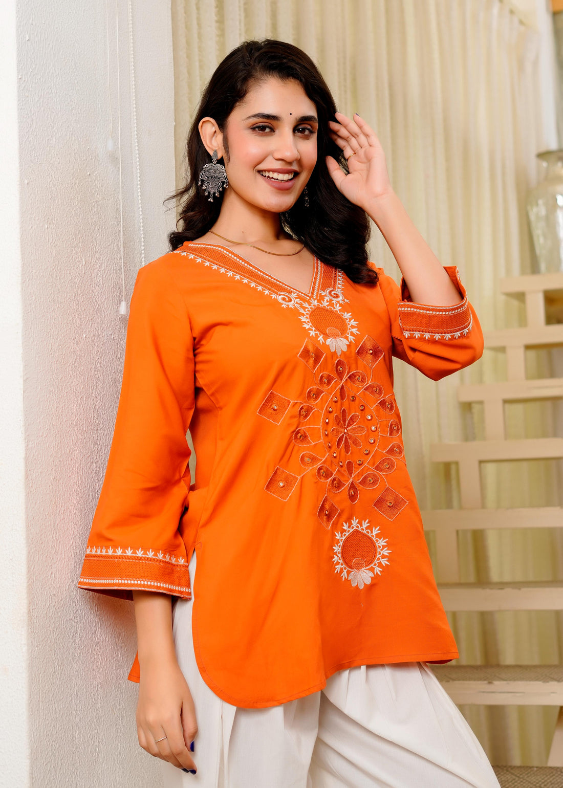 Orange Embroidered Short Kurta with White Patiala Pants Set for Women