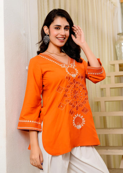 Orange Embroidered Short Kurta with White Patiala Pants Set for Women